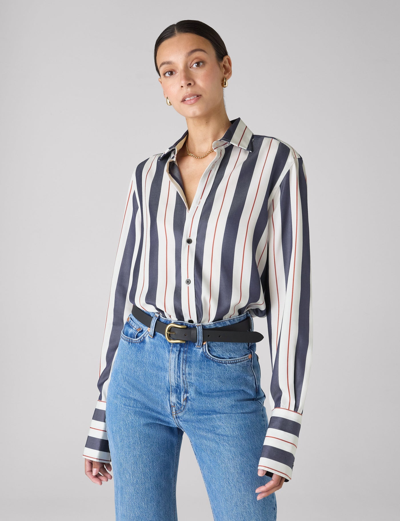 The Boyfriend Exaggerated Cuff: TENCEL™ Lyocell, Navy & Burgundy Wide Stripe
