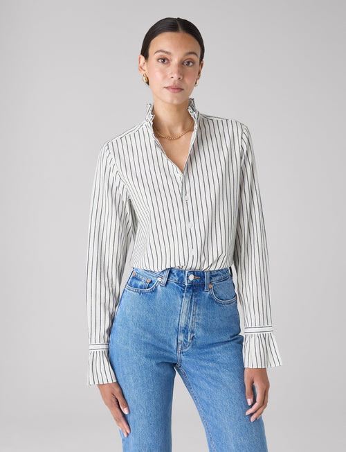 Kew Blouse: Cotton Voile, White with Navy Stripes