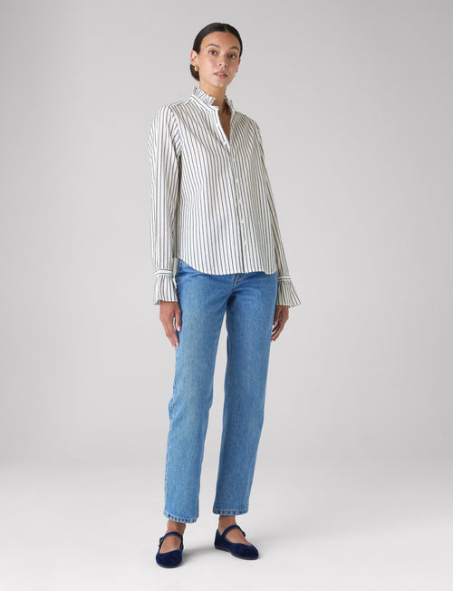 Kew Blouse: Cotton Voile, White with Navy Stripes