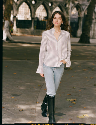 Kew Blouse: Cotton Voile, White with Navy Stripes