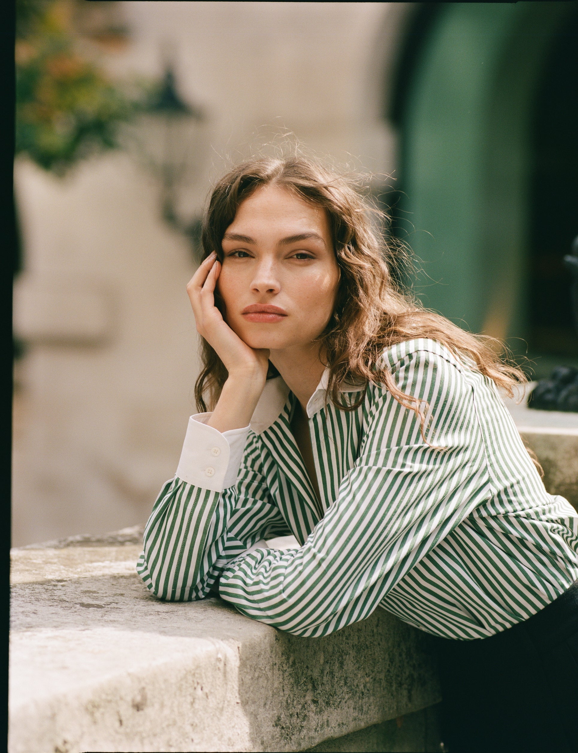 The Boyfriend Contrast: Fine Poplin, Forest Green stripe