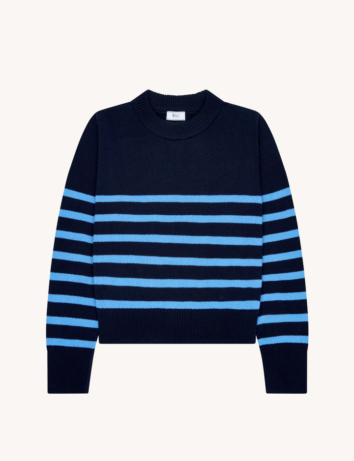 Devon Jumper: Cotton, Navy and Cornflower Blue Stripe