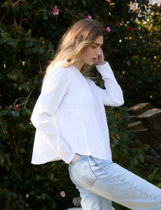 Pimlico Blouse: Cotton Voile, White Double Stripe