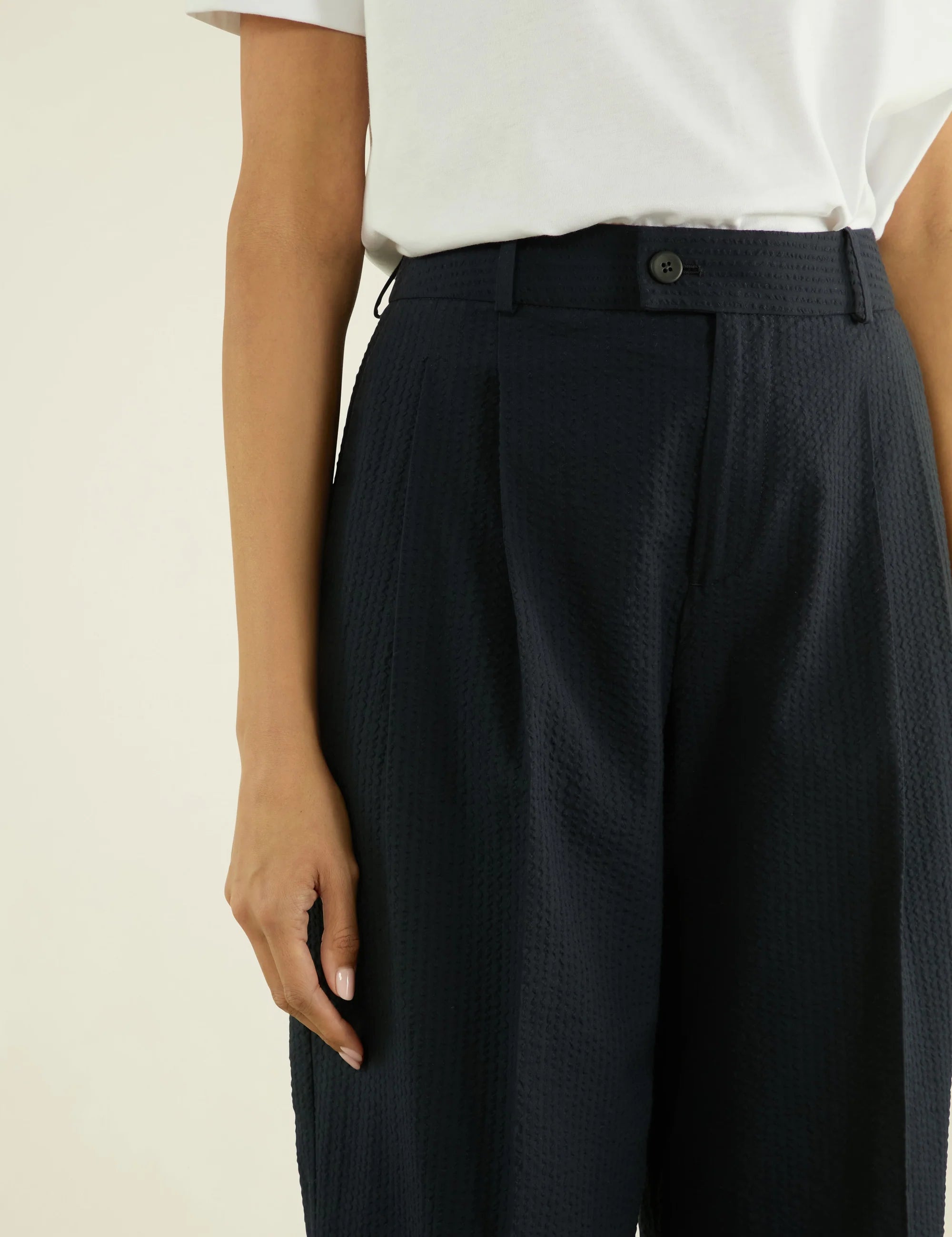Rampling Trouser: Seersucker, Navy Blue