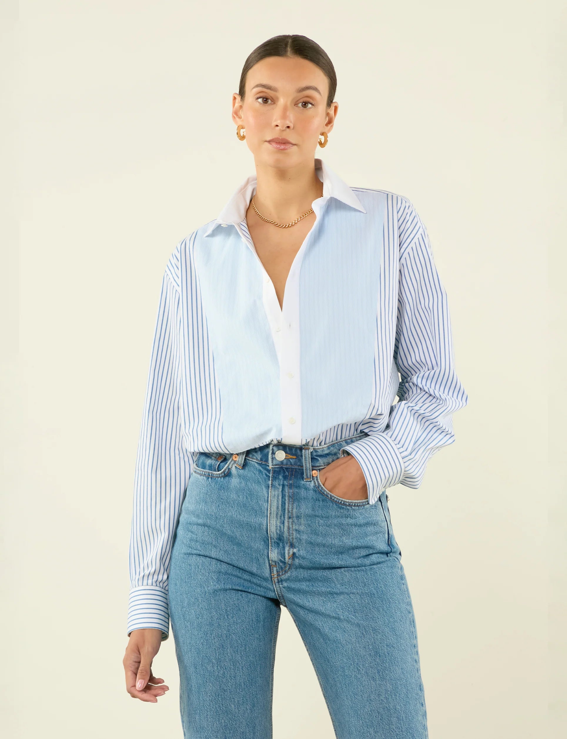 The Oversized Half Button Down Bib: Fine Poplin, Blue Stripe Patchwork
