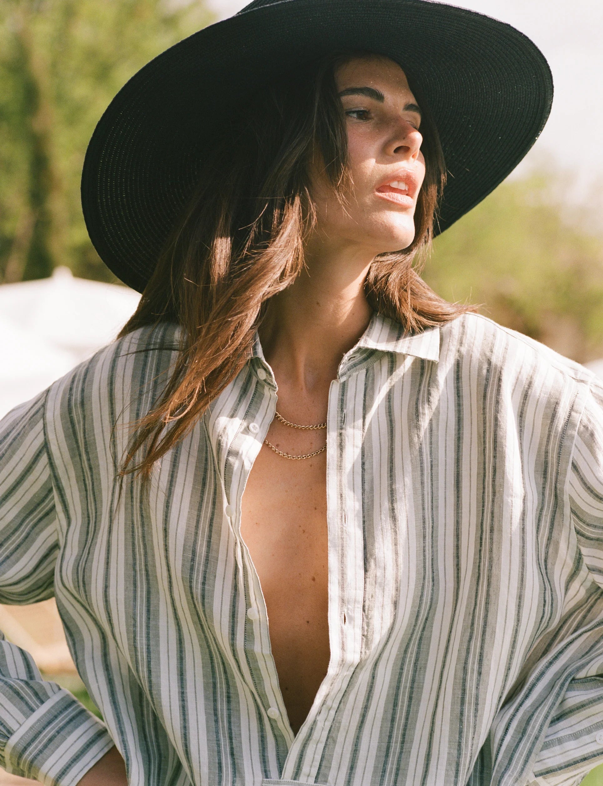 The Oversized Half Button Down: Hemp, Grey Multi Stripe