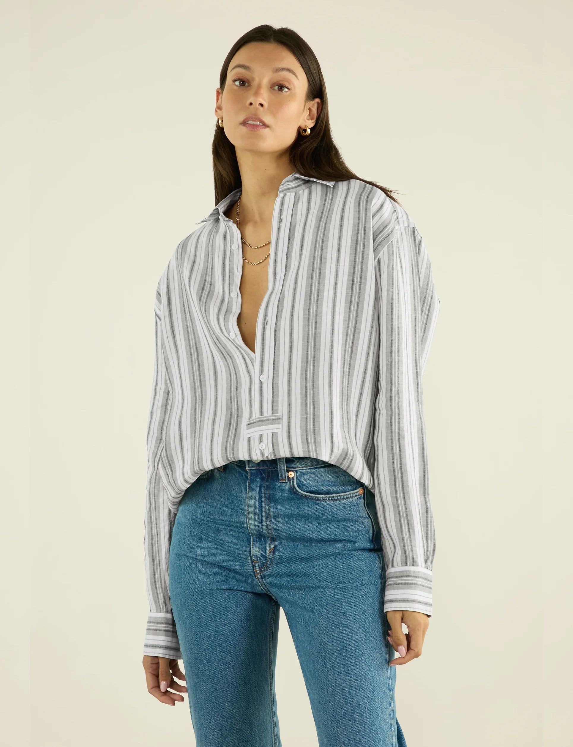 The Oversized Half Button Down: Hemp, Grey Multi Stripe