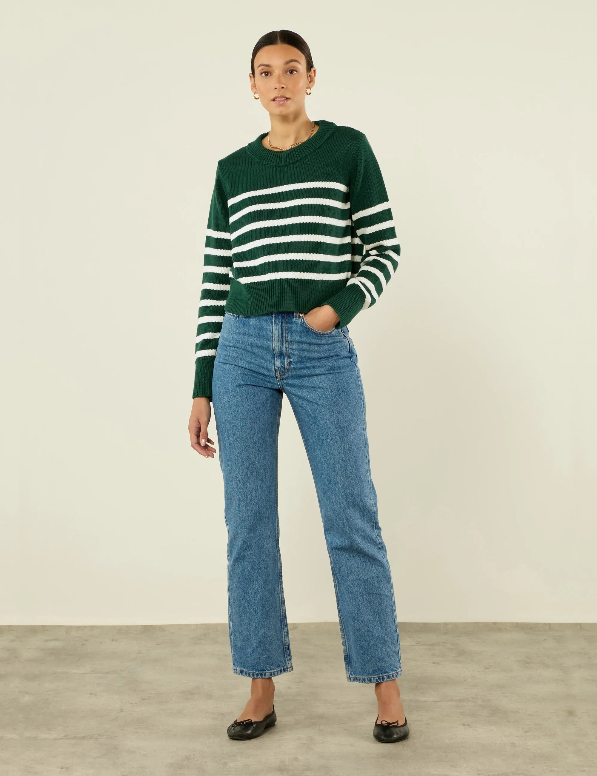 Devon Jumper: Cotton, Green and White Stripe