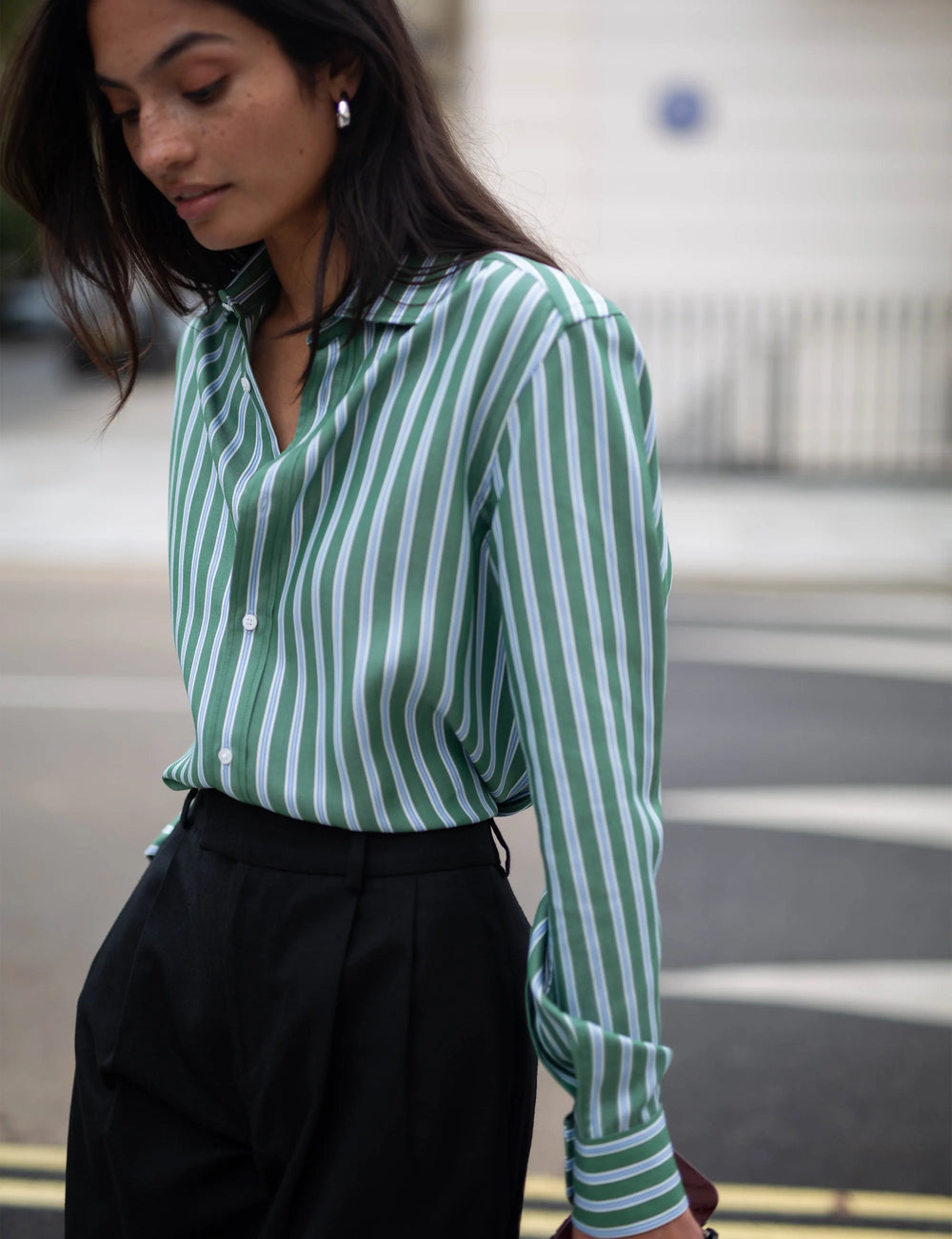 The Boyfriend: TENCEL™ Lyocell, Green Multi Stripe