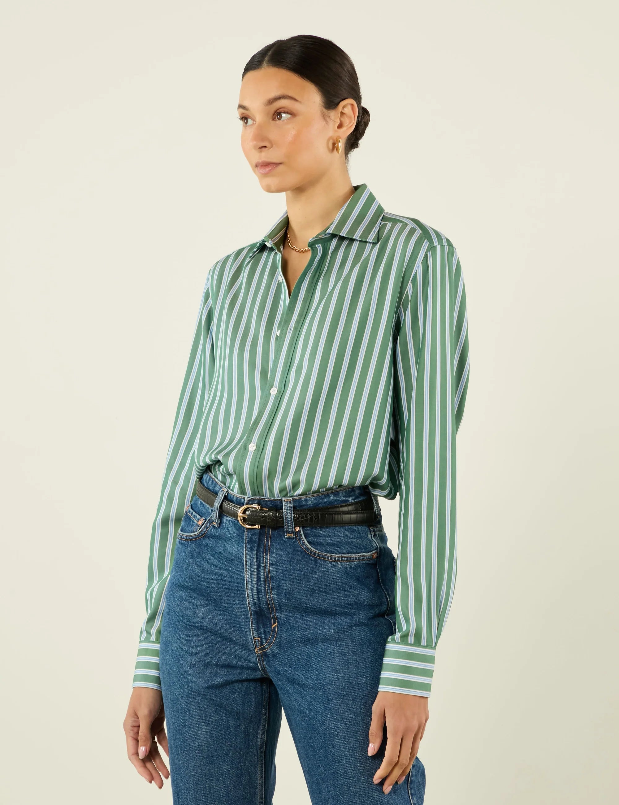 The Boyfriend: TENCEL™ Lyocell, Green Multi Stripe