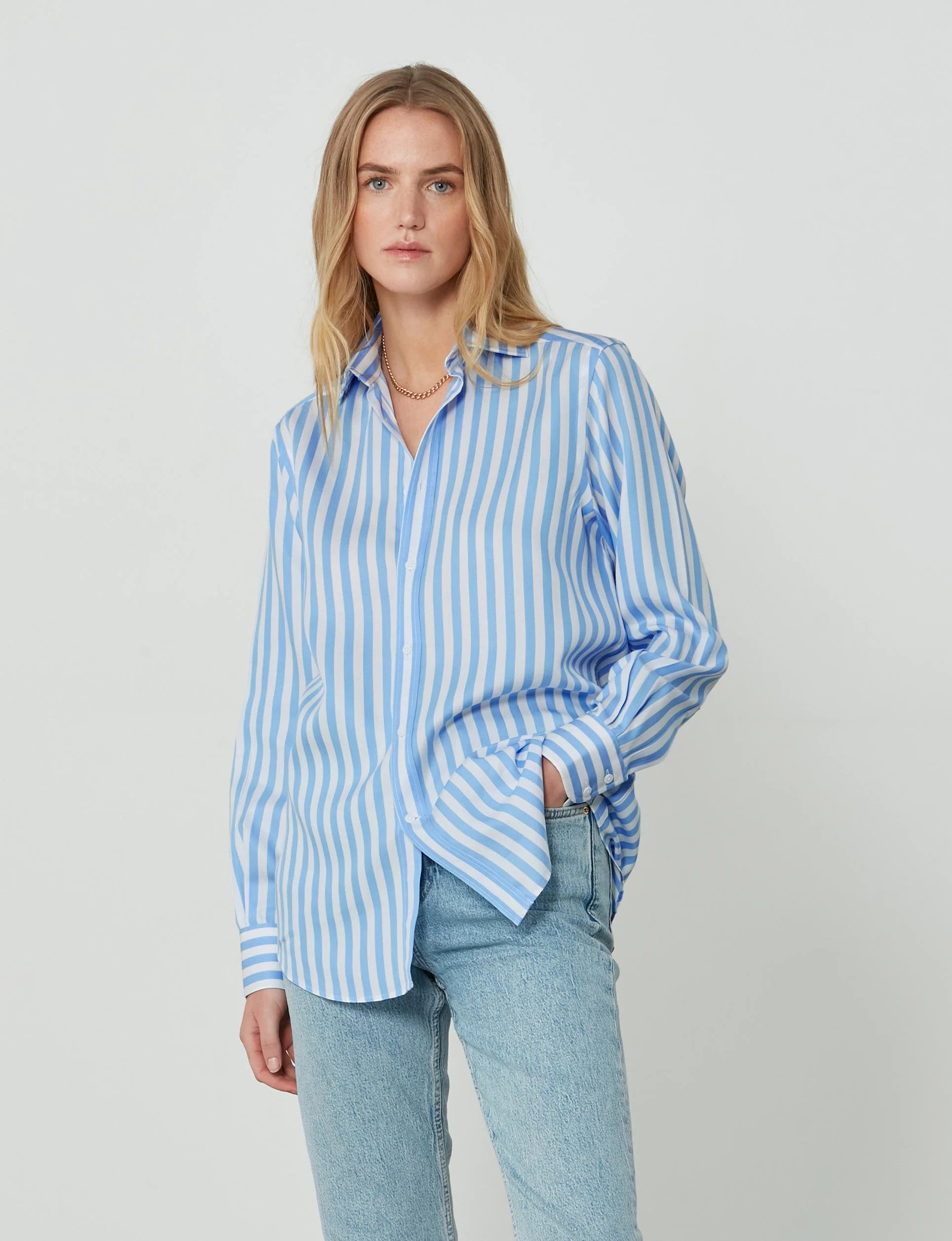 The Boyfriend: TENCEL™ Lyocell , Powder Blue Stripe