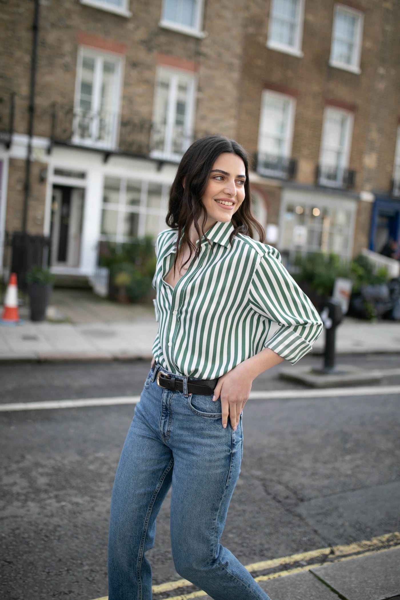 The Boyfriend: TENCEL™ Lyocell, Forest Green Stripe