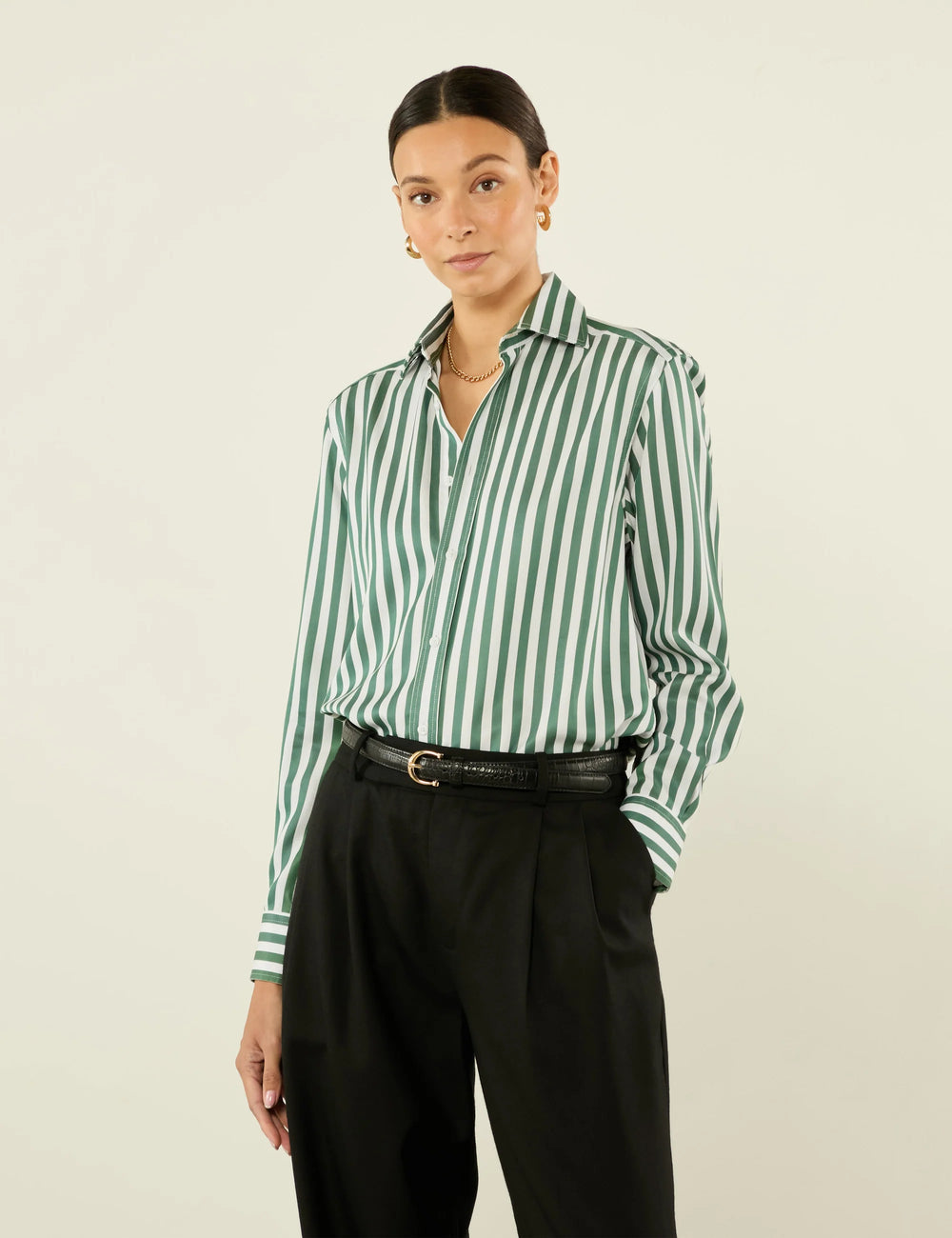 The Boyfriend: TENCEL™ Lyocell, Forest Green Stripe