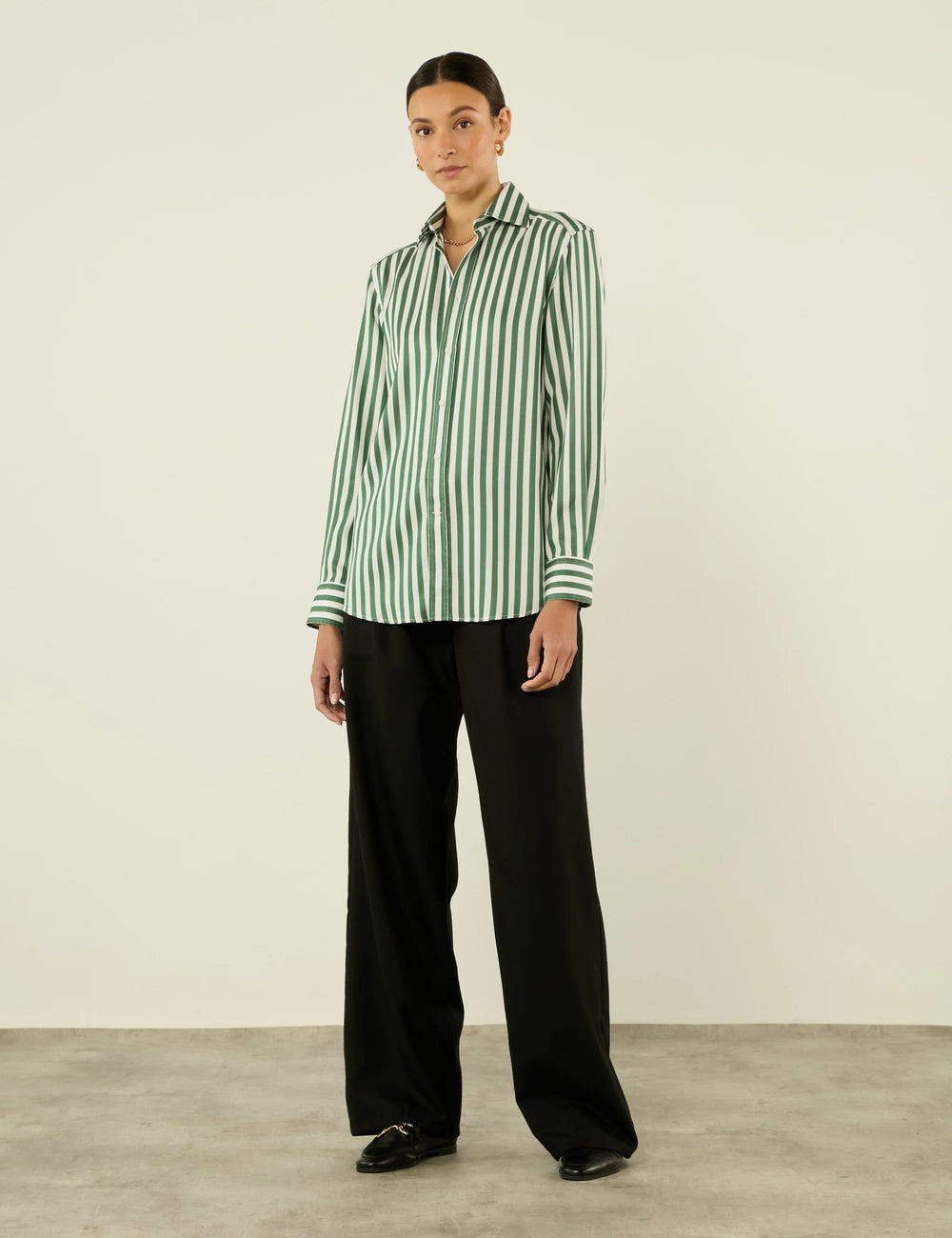The Boyfriend: TENCEL™ Lyocell, Forest Green Stripe