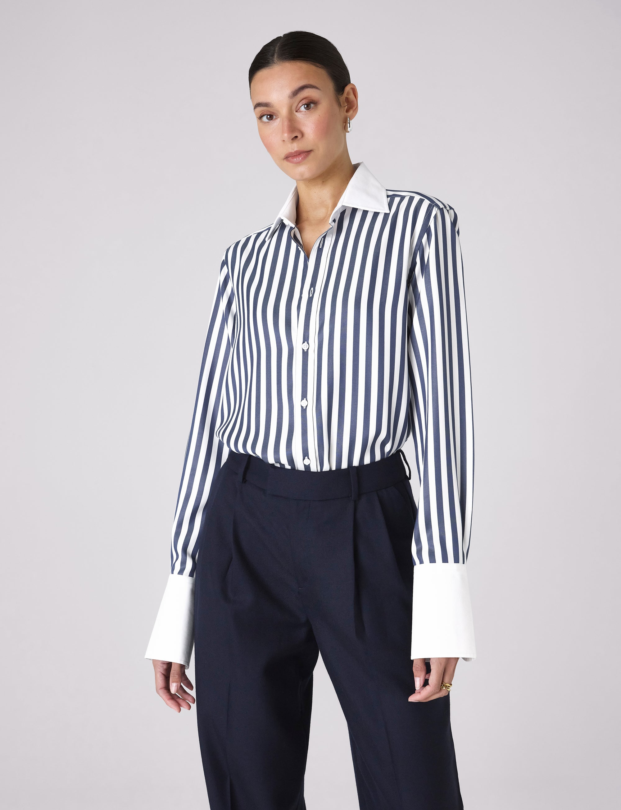 The Boyfriend Contrast Exaggerated Cuff: TENCEL™ Lyocell, Navy Blue Stripe