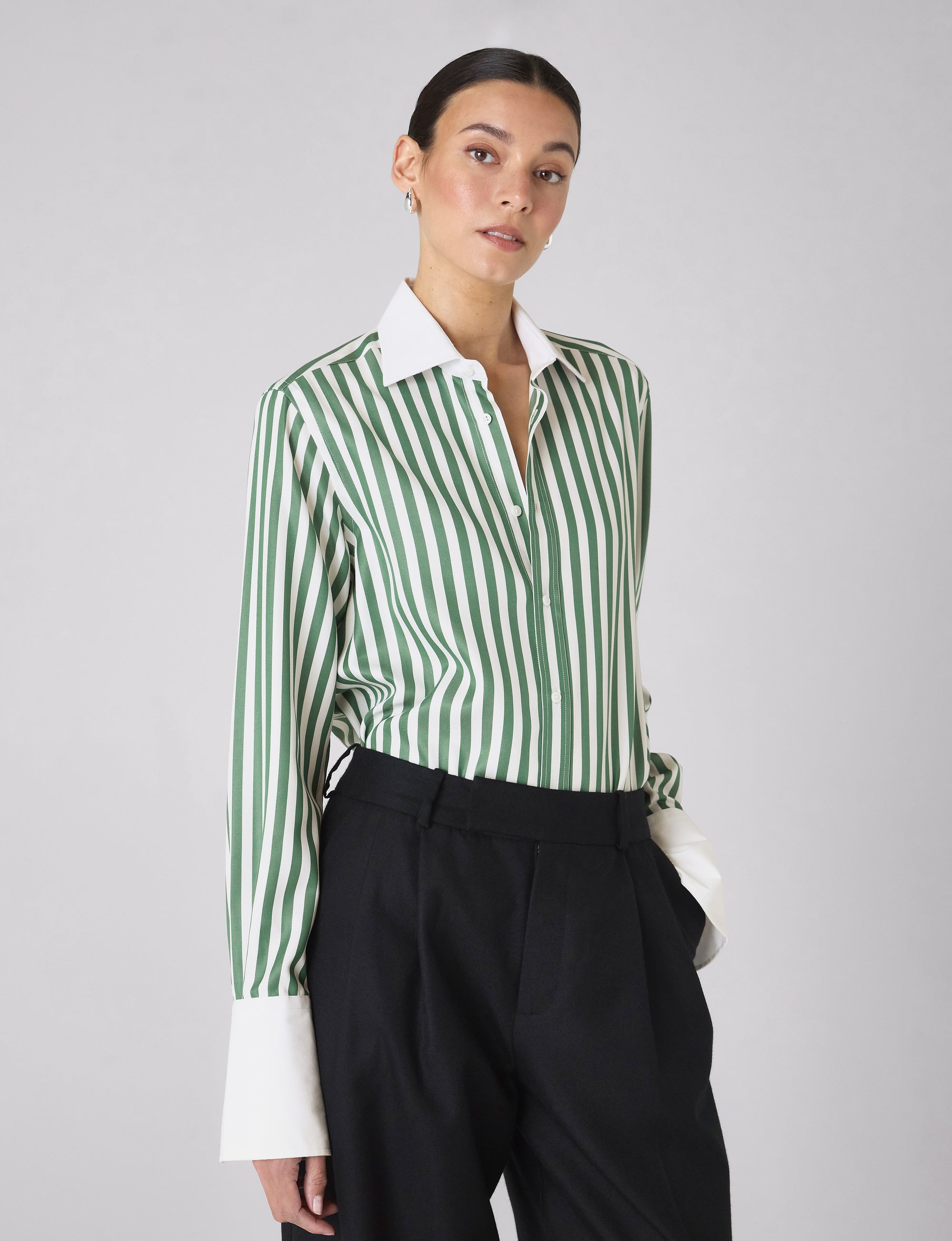 The Boyfriend Contrast Exaggerated Cuff: TENCEL™ Lyocell, Forest Green Stripe