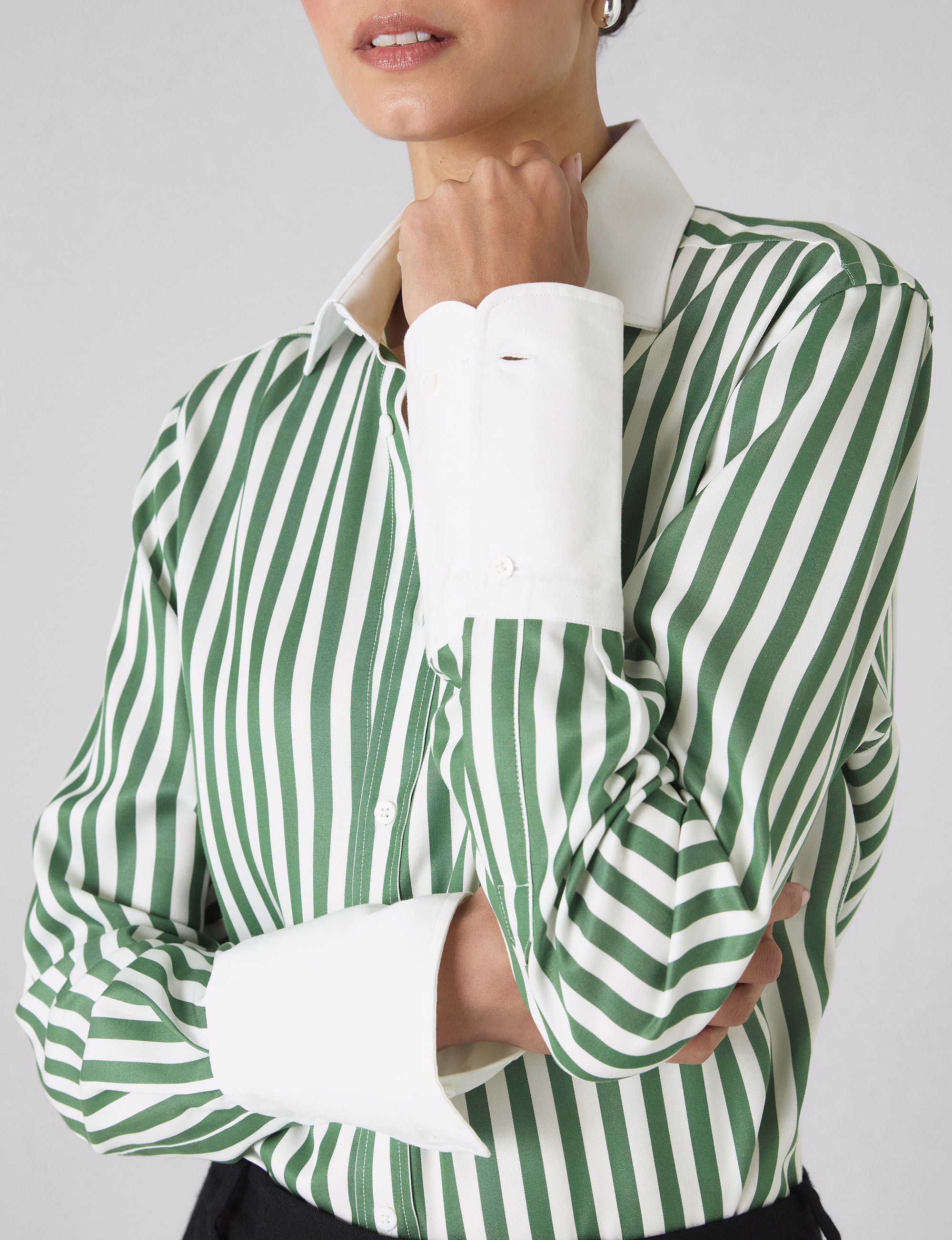 The Boyfriend Contrast Exaggerated Cuff: TENCEL™ Lyocell, Forest Green Stripe