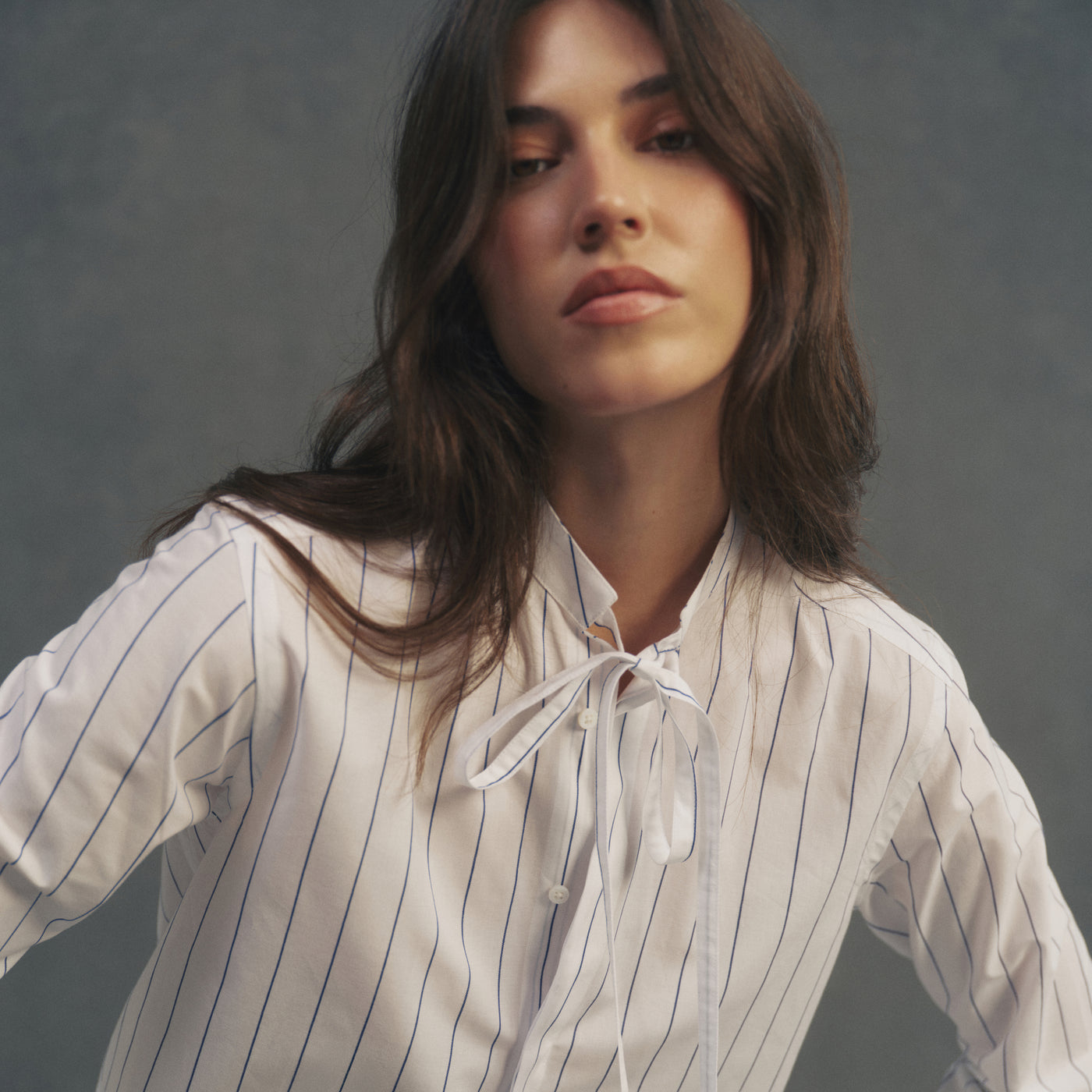 The Boyfriend Bow Tie: Fine Poplin, Blue and White Stripe  With Nothing  Underneath