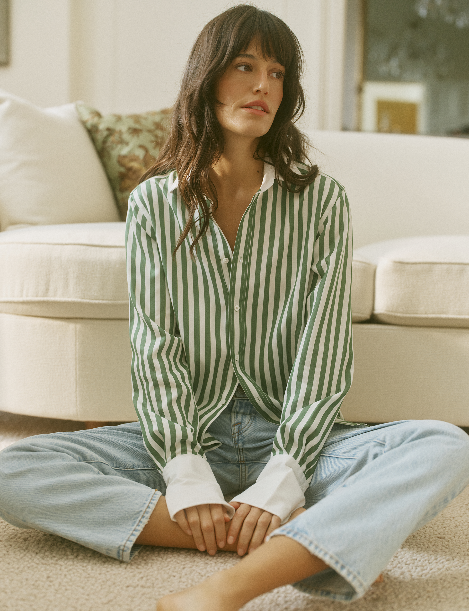 The Boyfriend Contrast Exaggerated Cuff: TENCEL™ Lyocell, Forest Green Stripe