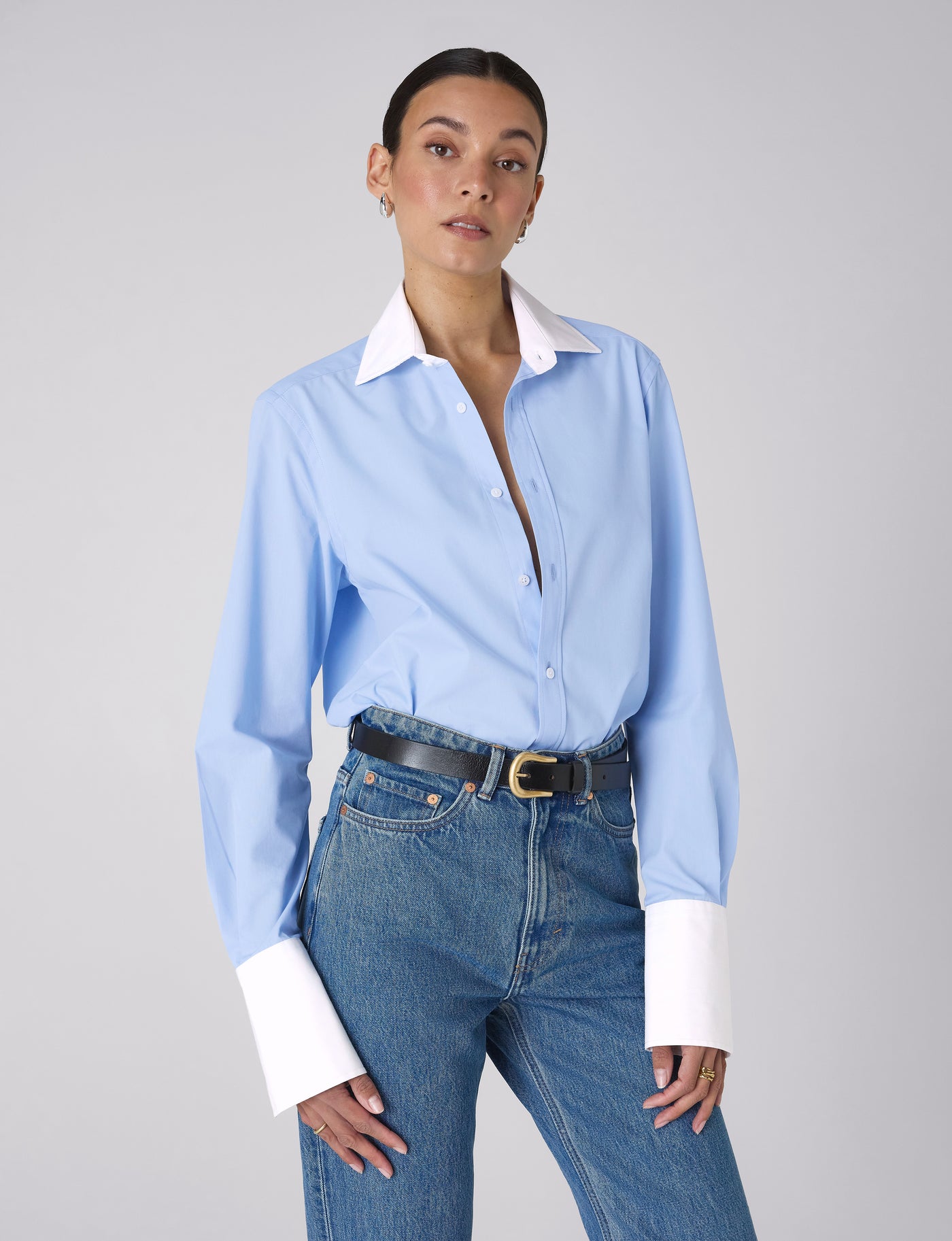The Boyfriend Contrast Exaggerated Cuff and Collar: Fine Poplin, Sky Blue
