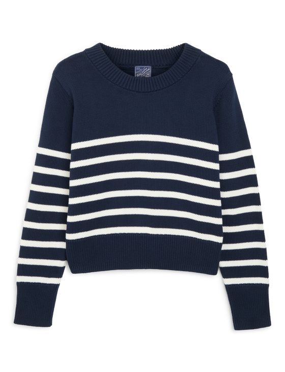 Devon Jumper: Cotton, Navy Blue and Off-White Stripe