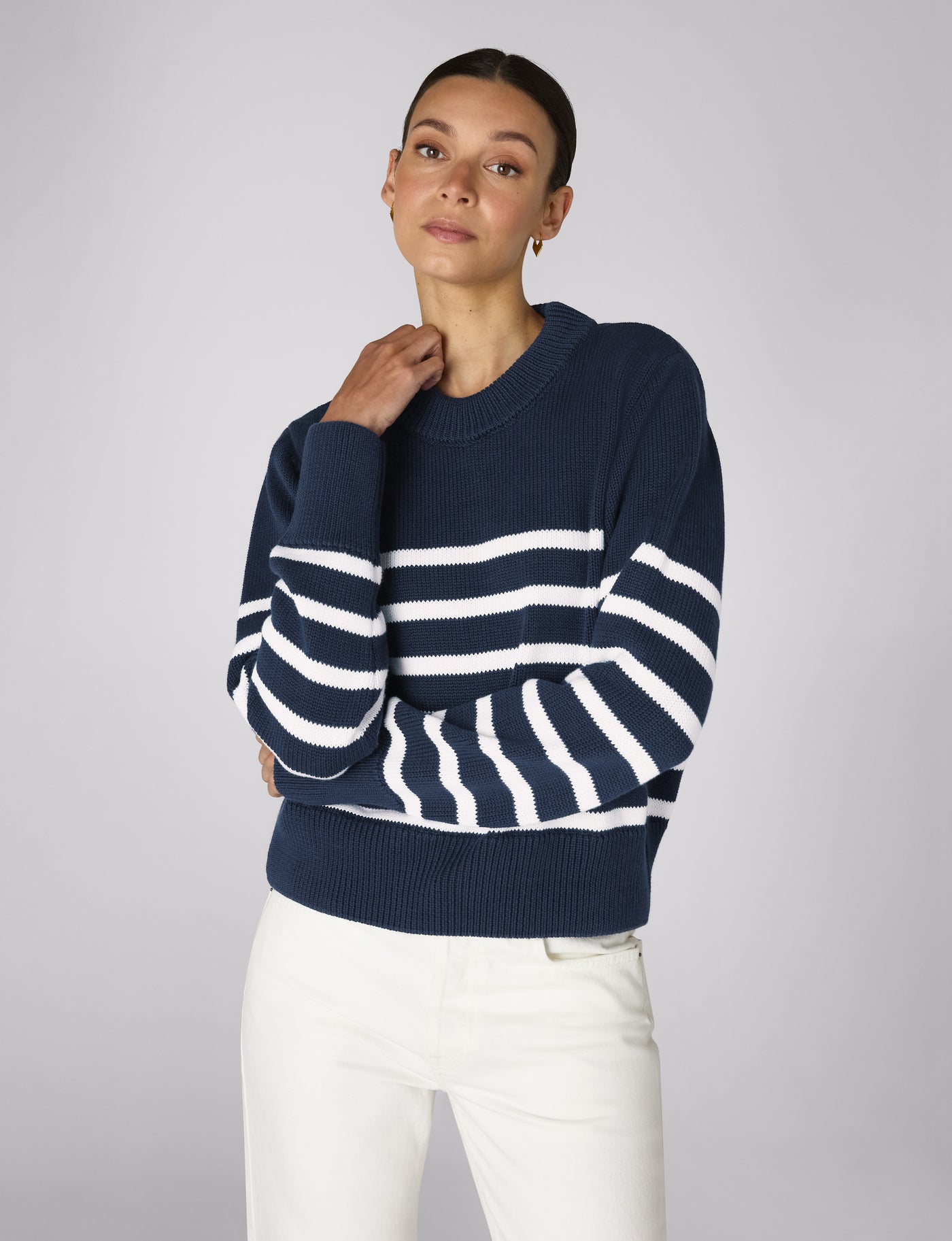 Devon Jumper: Cotton, Navy and Off-White Stripe