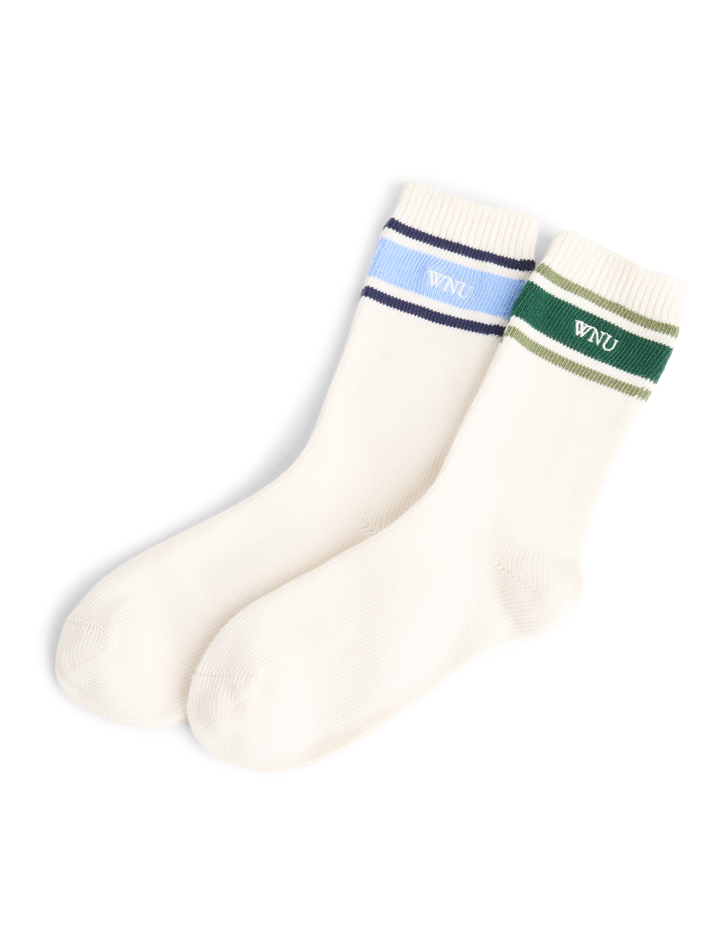 Two Pack - Crew Socks: Cotton Blend, Green Stripe and Blue Stripe
