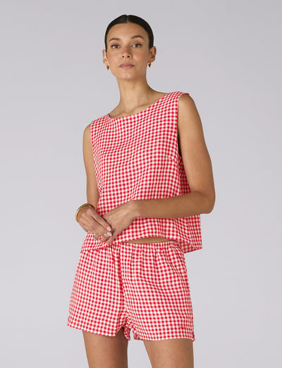 Court Short: Linen, Post Box Red Gingham
