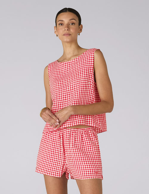 Court Short: Linen, Post Box Red Gingham