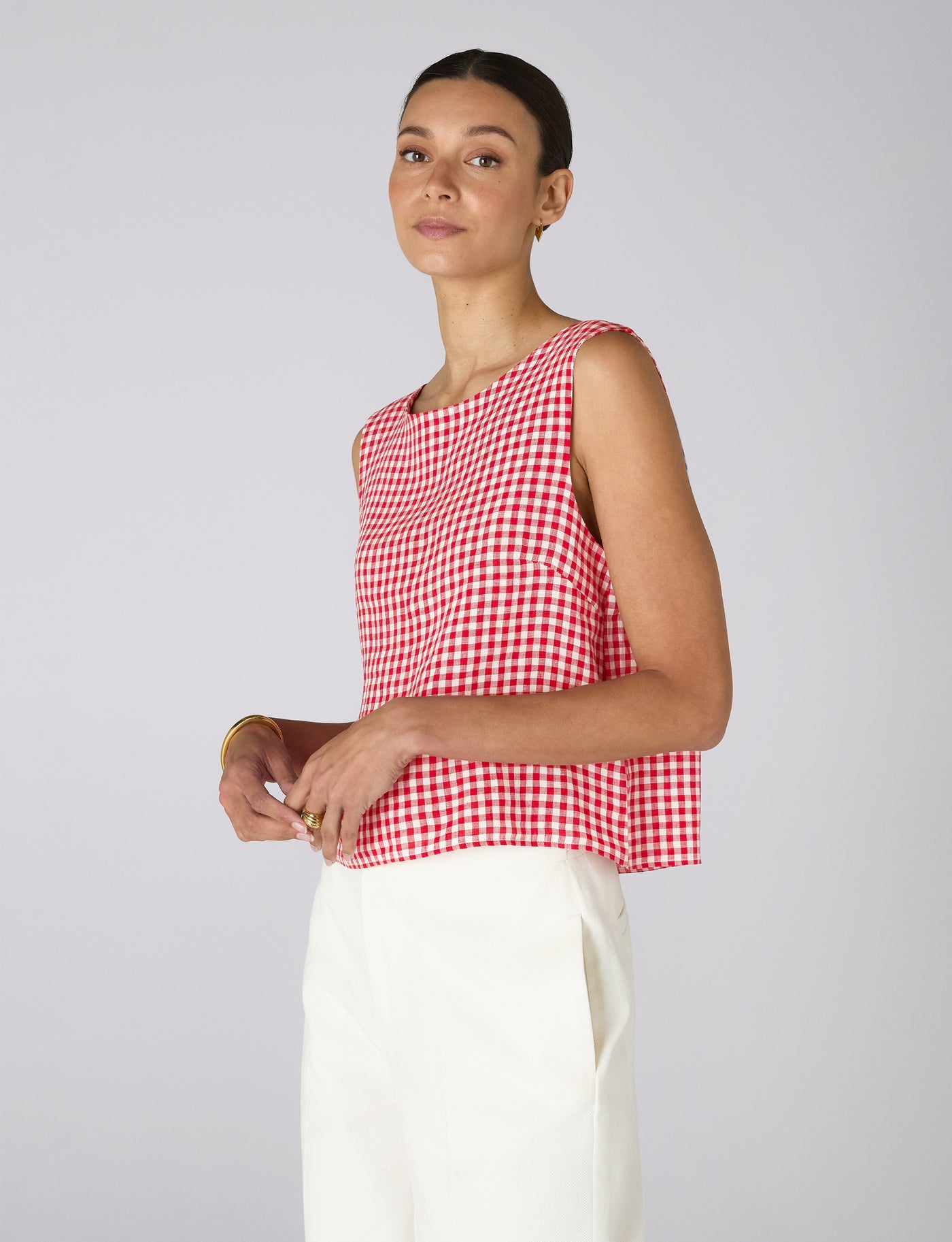 Jackie Top: Linen, Post Box Red Gingham