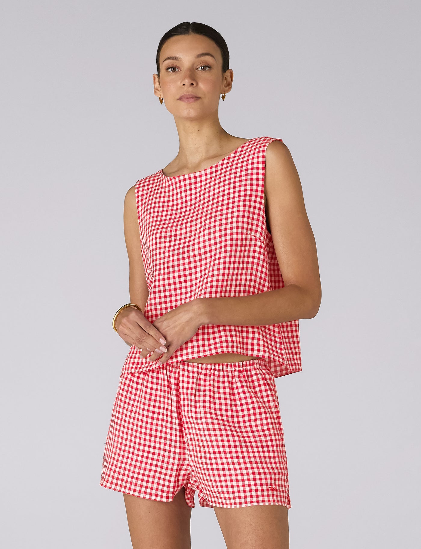The Set: Jackie Top & Court Short, Linen Post Box Red Gingham