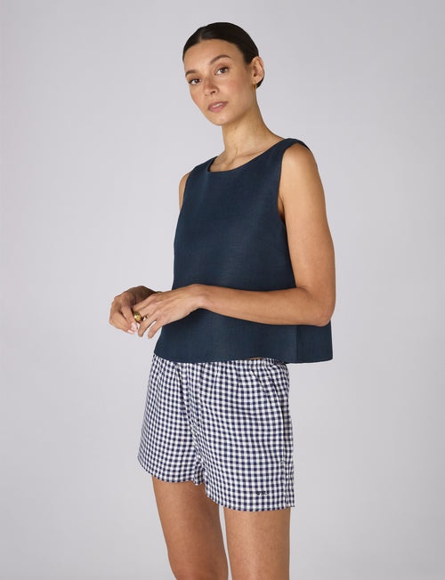 Court Short: Linen, Navy Gingham