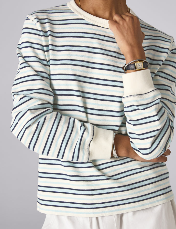 Katergo Top: Cotton Jersey, Icy Blue and Ecru Stripe x Lucy Williams