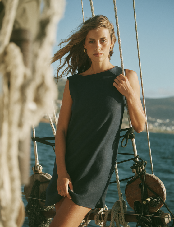 Jackie Dress: Linen, Navy Blue