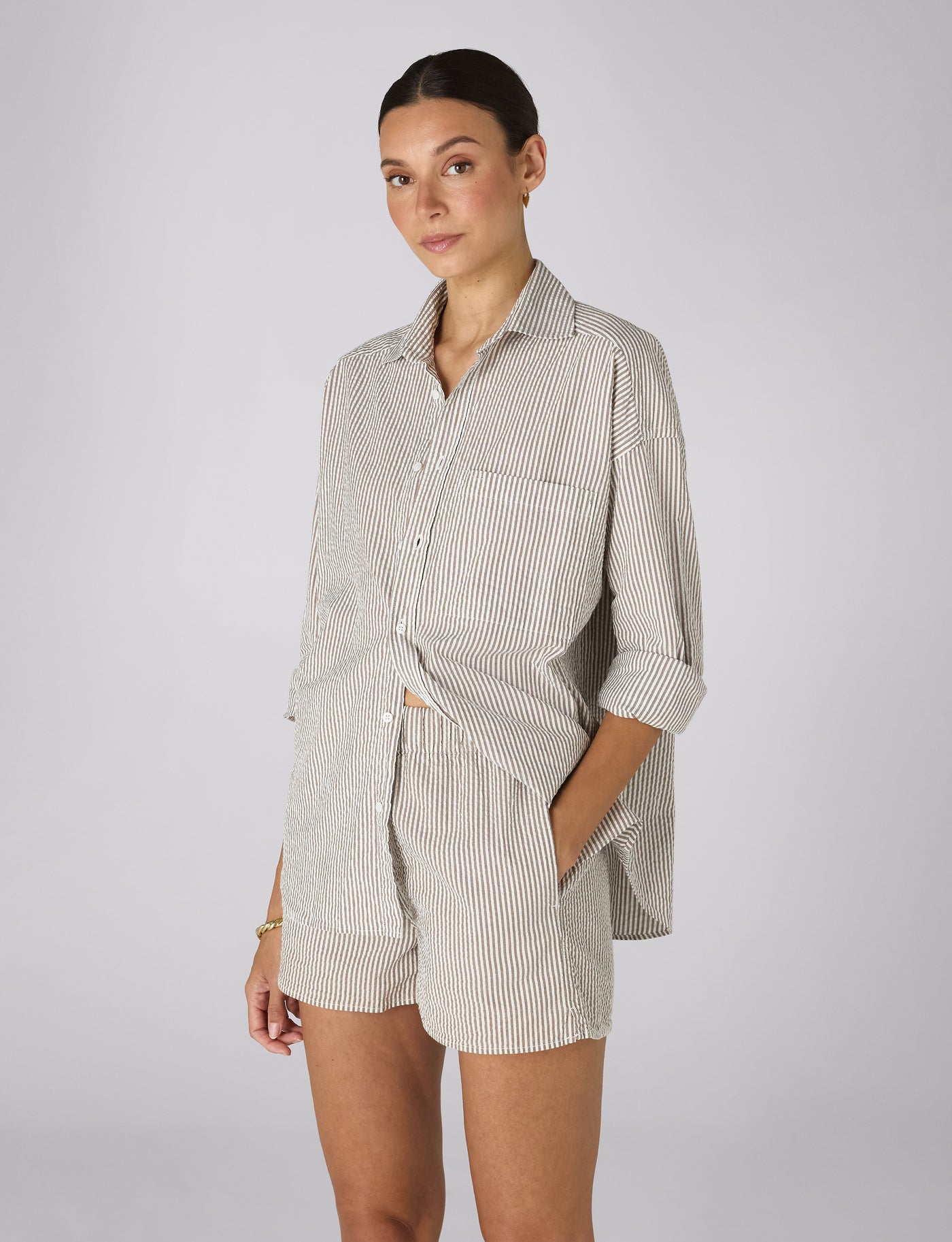 The Set: Seersucker, Mocha Stripe Shirt & Boxer Shorts