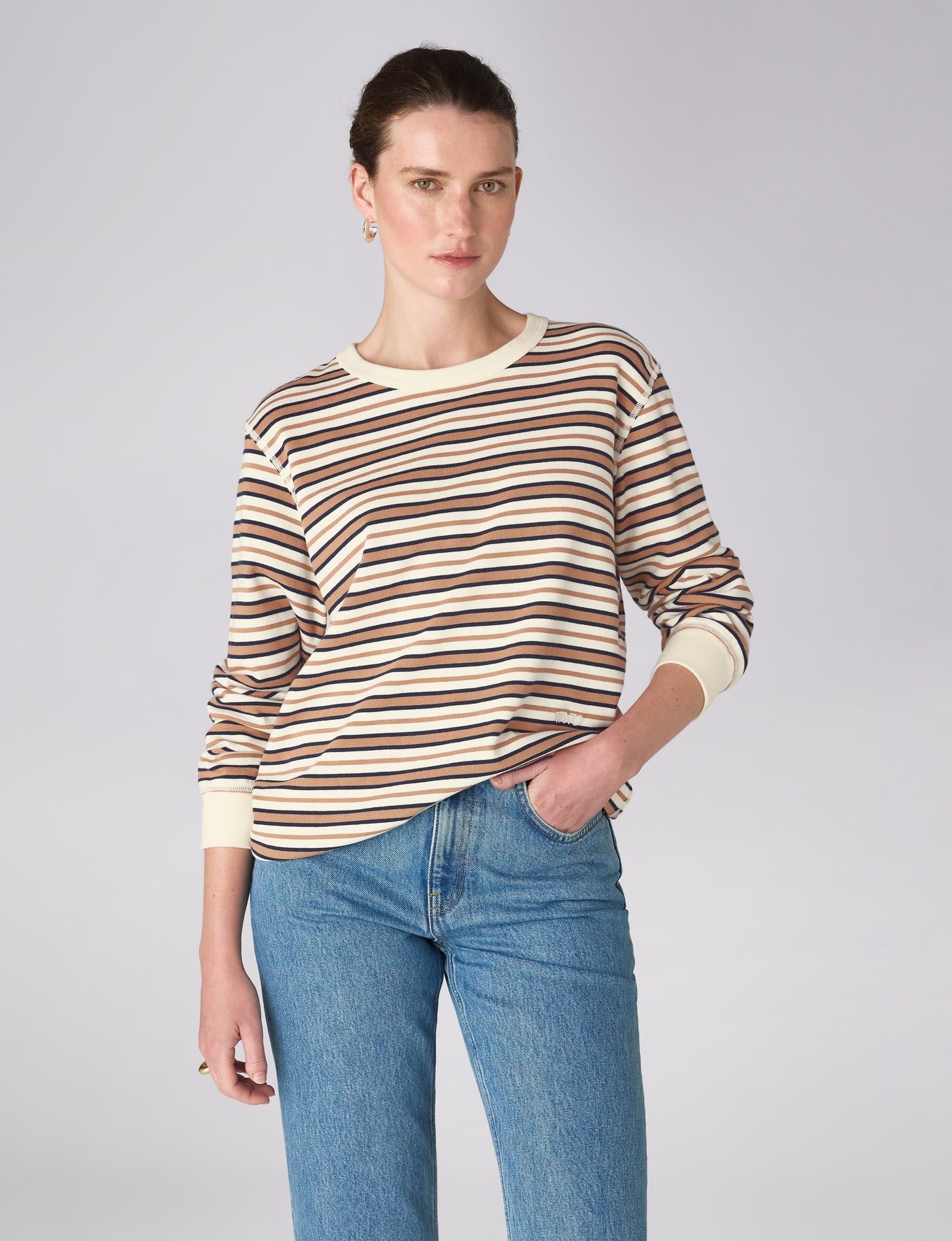 Bessette Top: Cotton Jersey, Brown and Ecru Stripe