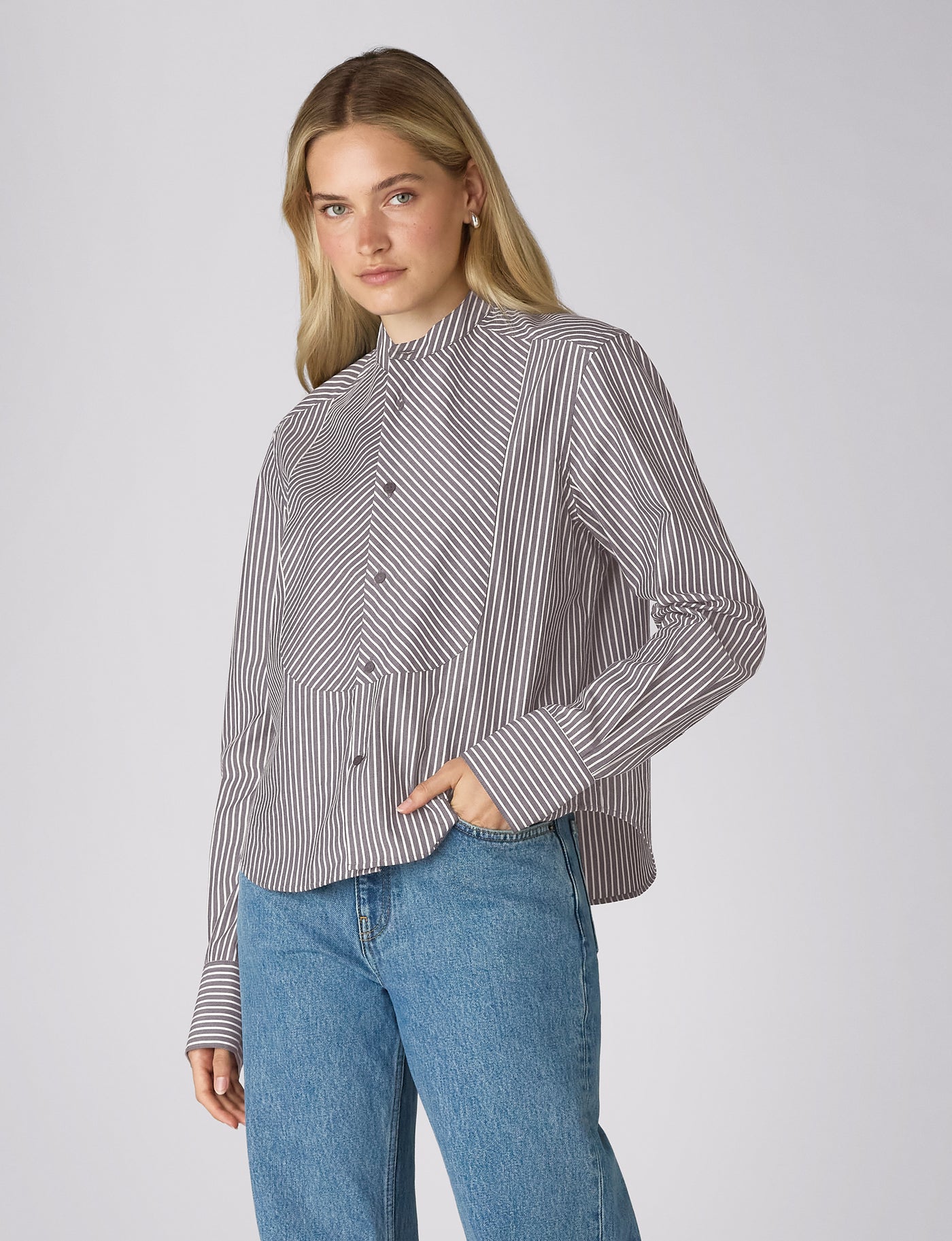 Rue Curved Bib Blouse: Fine Poplin, Navy and Ivory Stripe