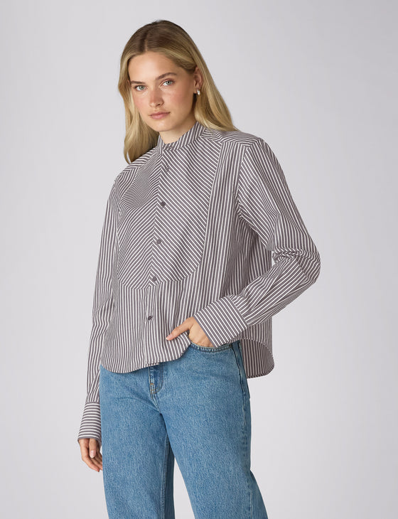 Rue Curved Bib Blouse: Fine Poplin, Navy and Ivory Stripe