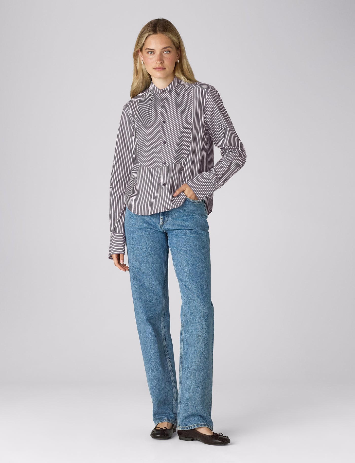Rue Curved Bib Blouse: Fine Poplin, Navy and Ivory Stripe