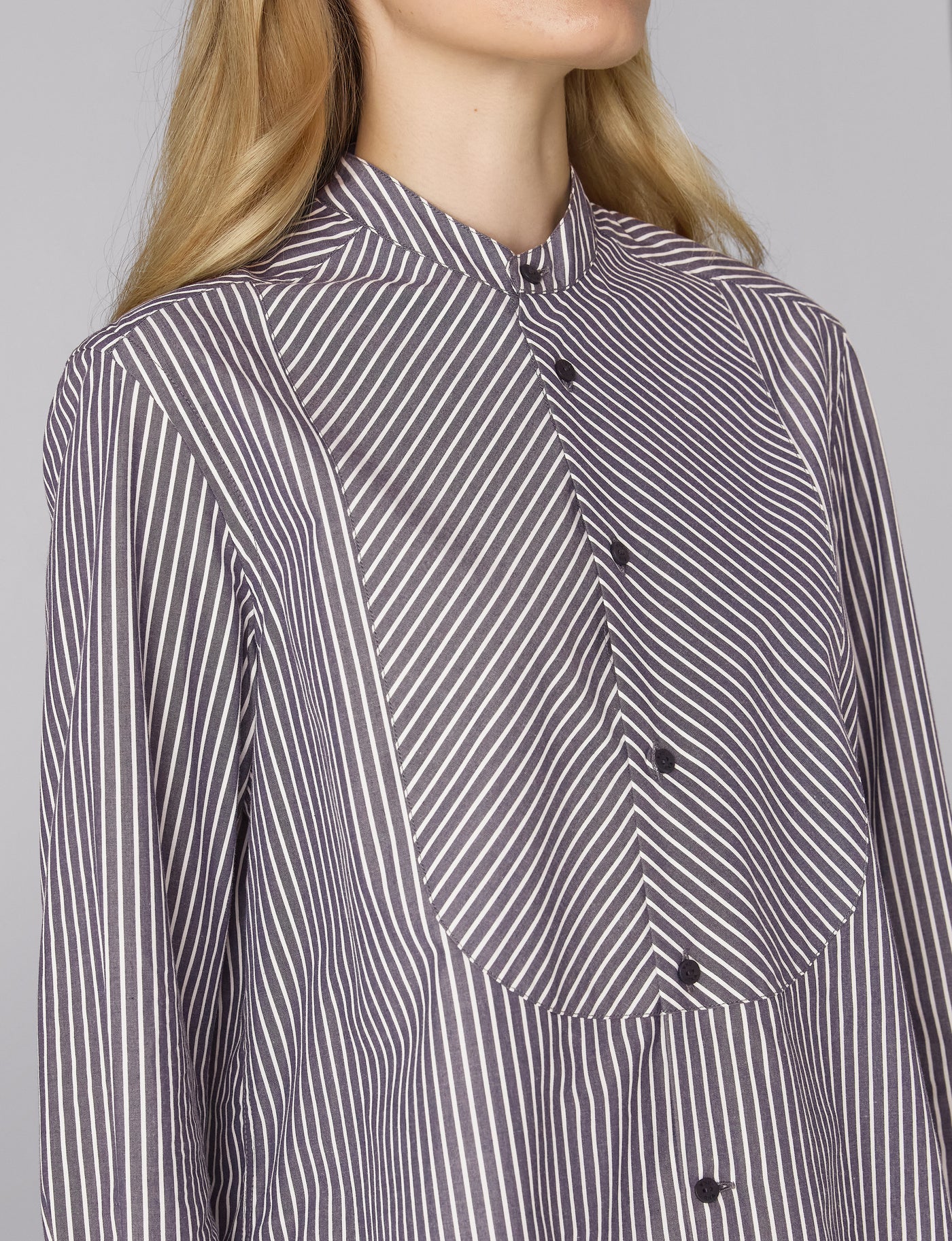 Rue Curved Bib Blouse: Fine Poplin, Navy and Ivory Stripe