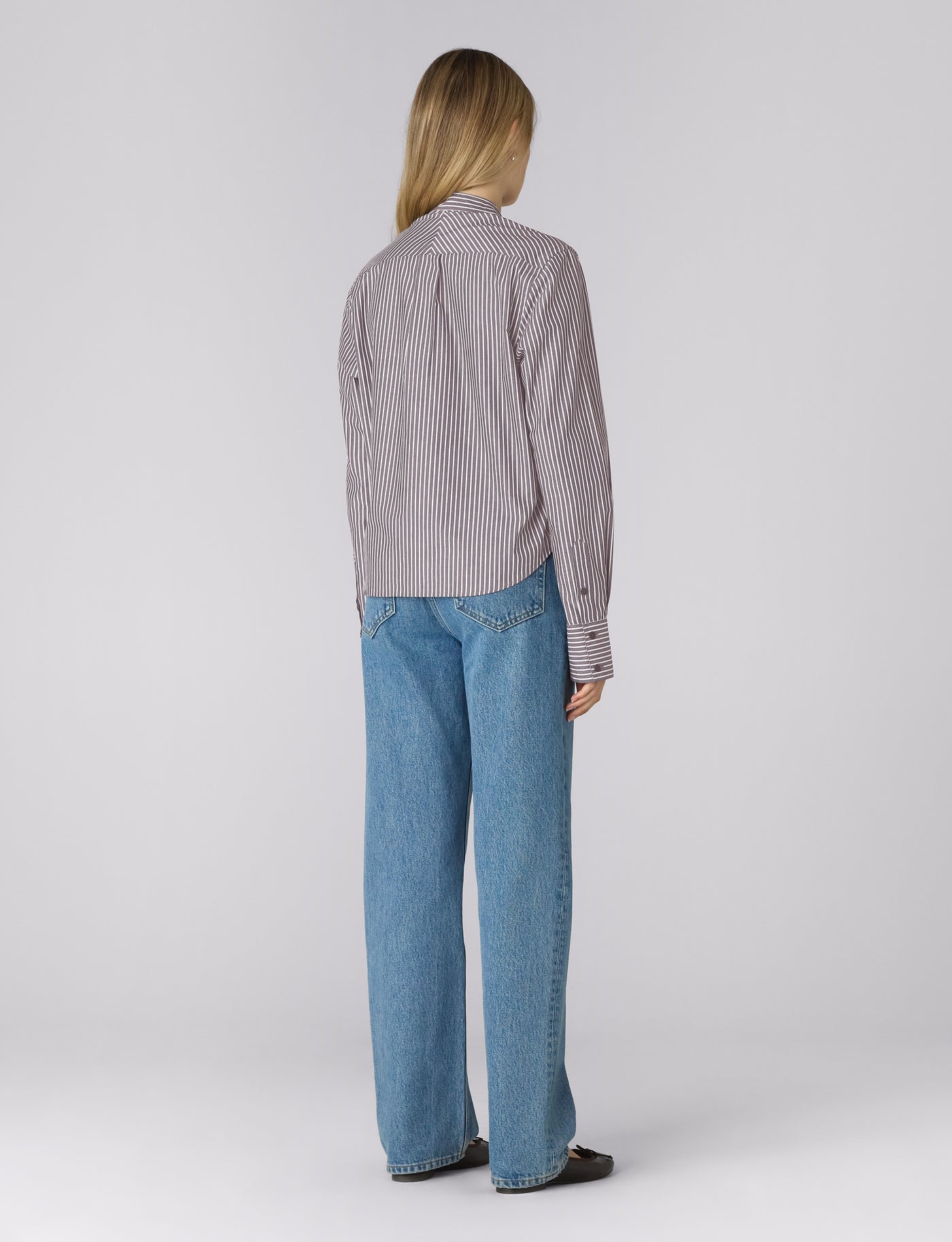 Rue Curved Bib Blouse: Fine Poplin, Navy and Ivory Stripe