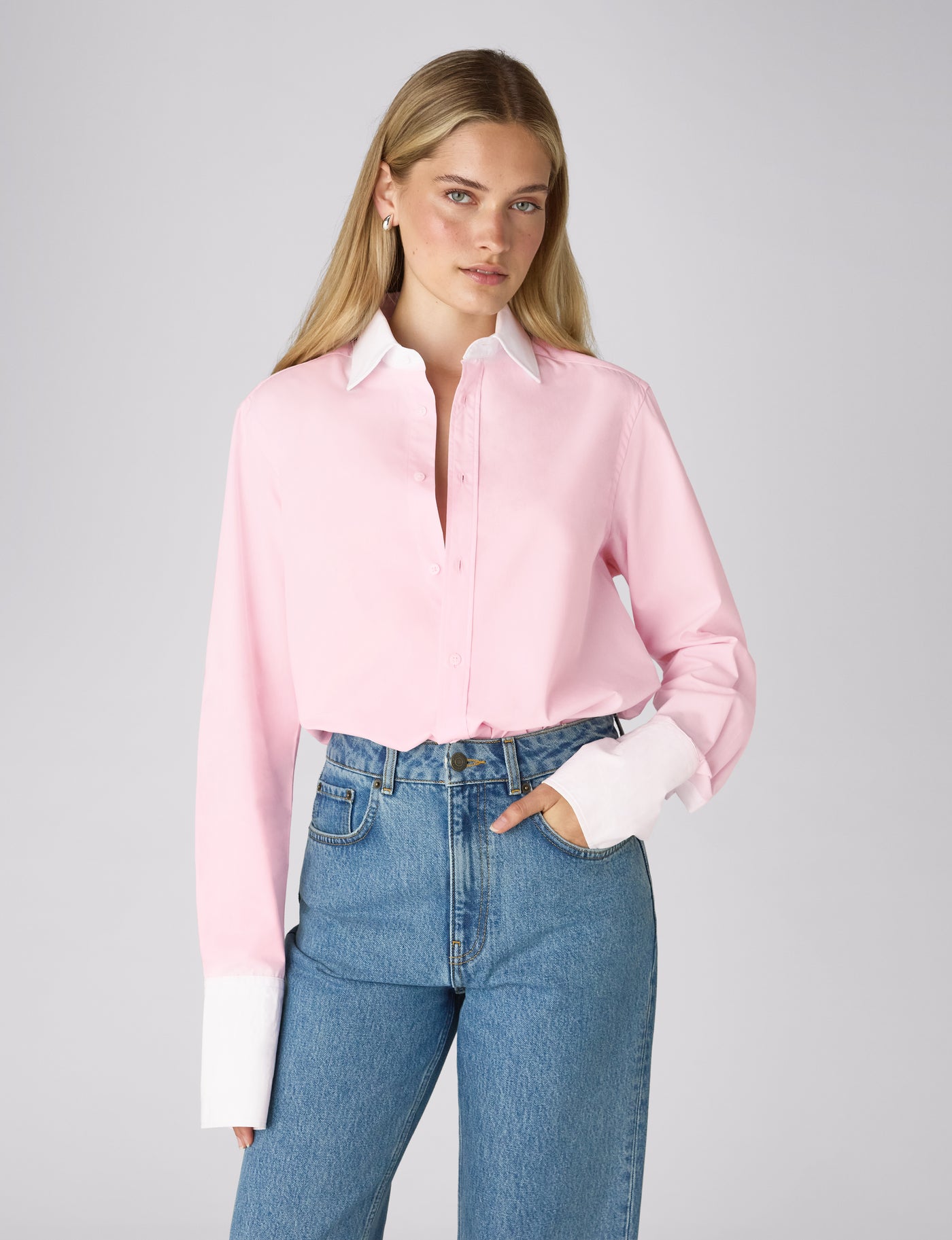 The Boyfriend Exaggerated Contrast Cuff Shirt: Fine Poplin, Rose Pink