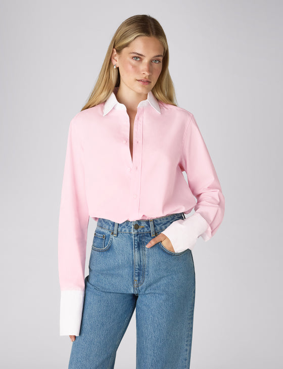 The Boyfriend Exaggerated Contrast Cuff Shirt: Fine Poplin, Rose Pink