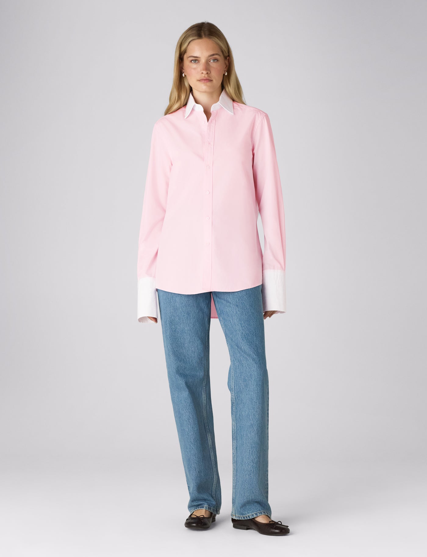 The Boyfriend Exaggerated Contrast Cuff Shirt: Fine Poplin, Rose Pink