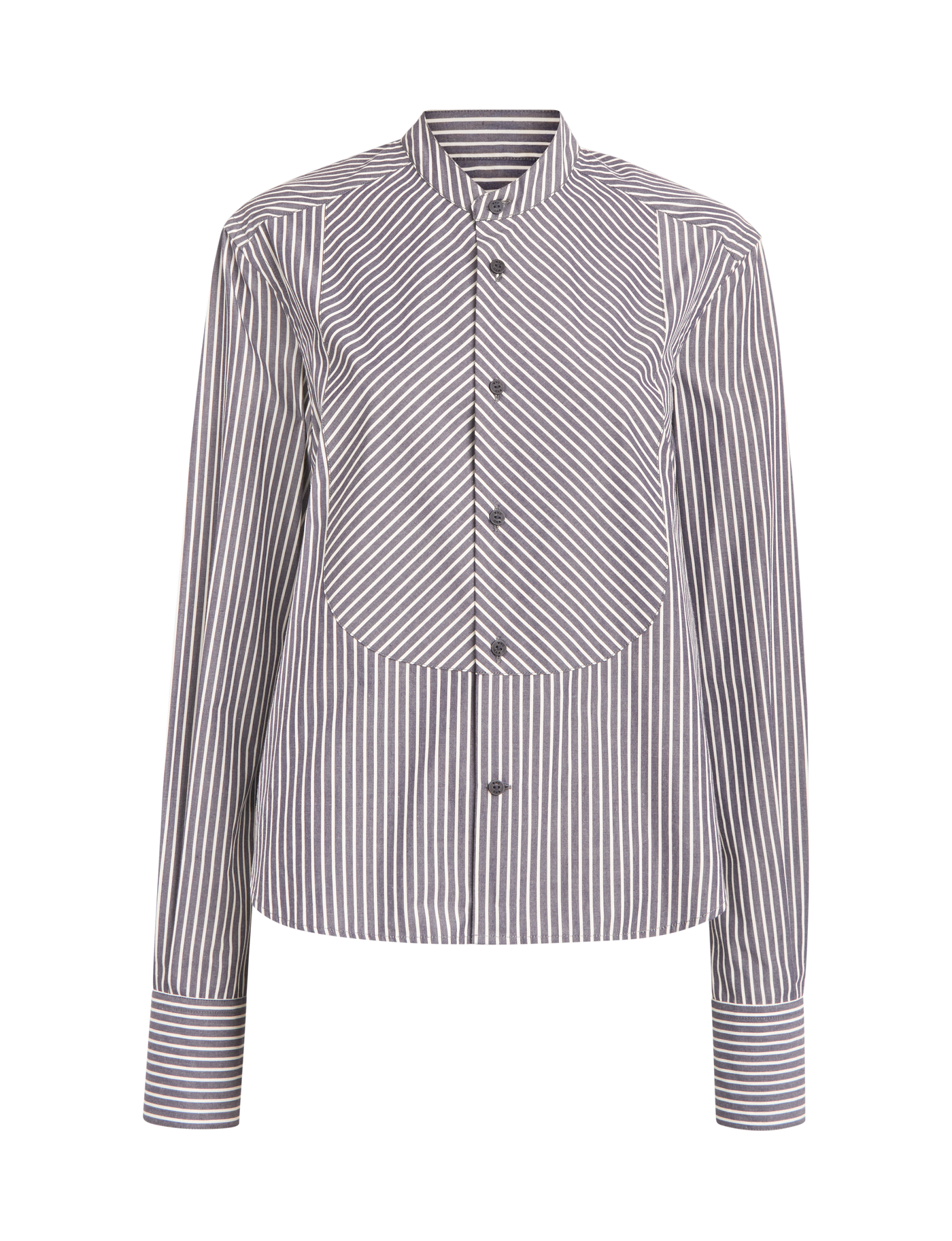Rue Curved Bib Blouse: Fine Poplin, Navy and Ivory Stripe