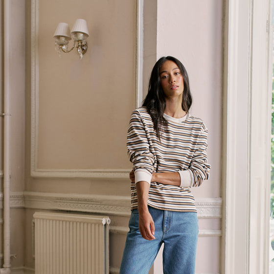 Bessette Top: Cotton Jersey, Brown and Ecru Stripe