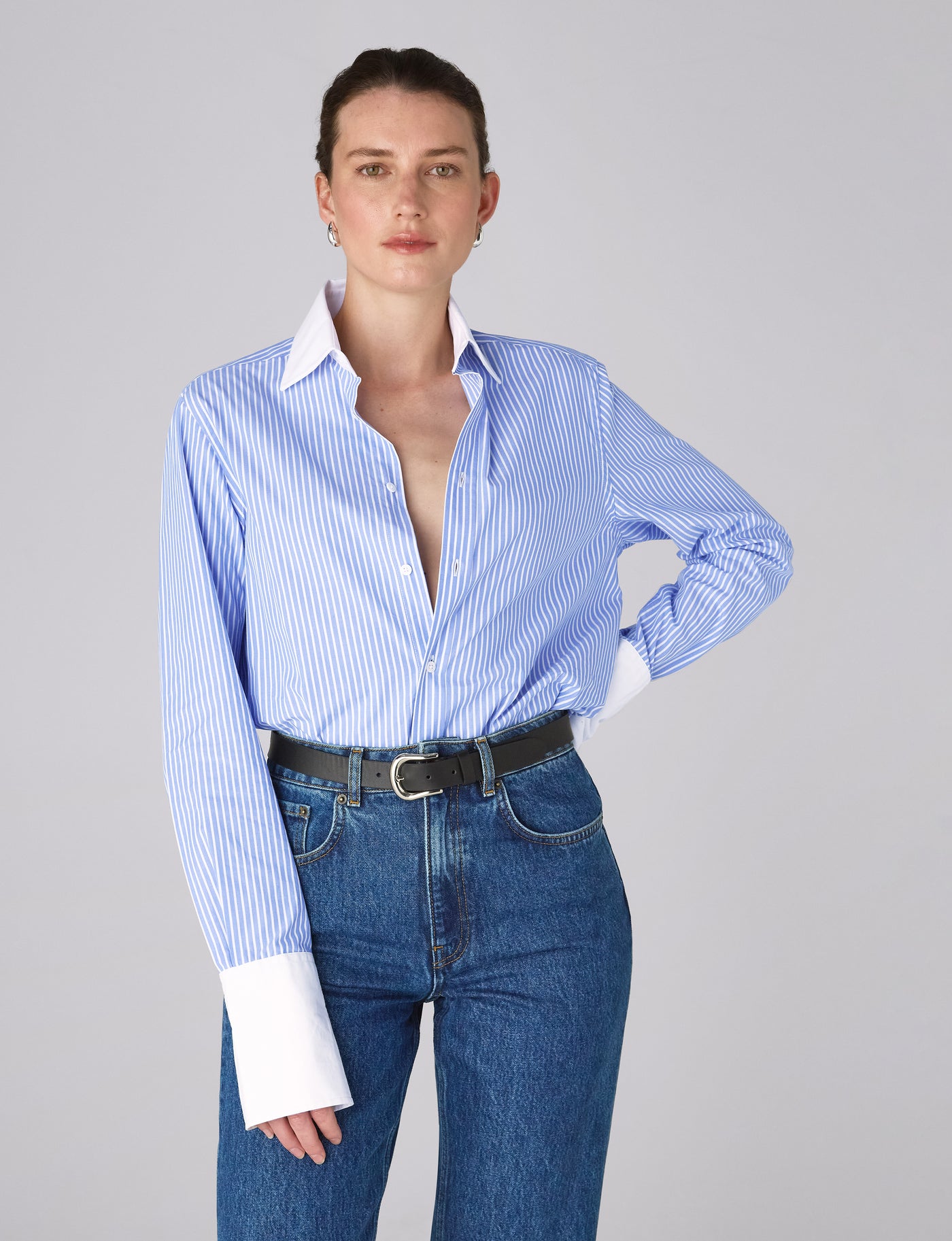 The Boyfriend Contrast Exaggerated Cuff and Collar: Fine Poplin, Inverted Pinstripe