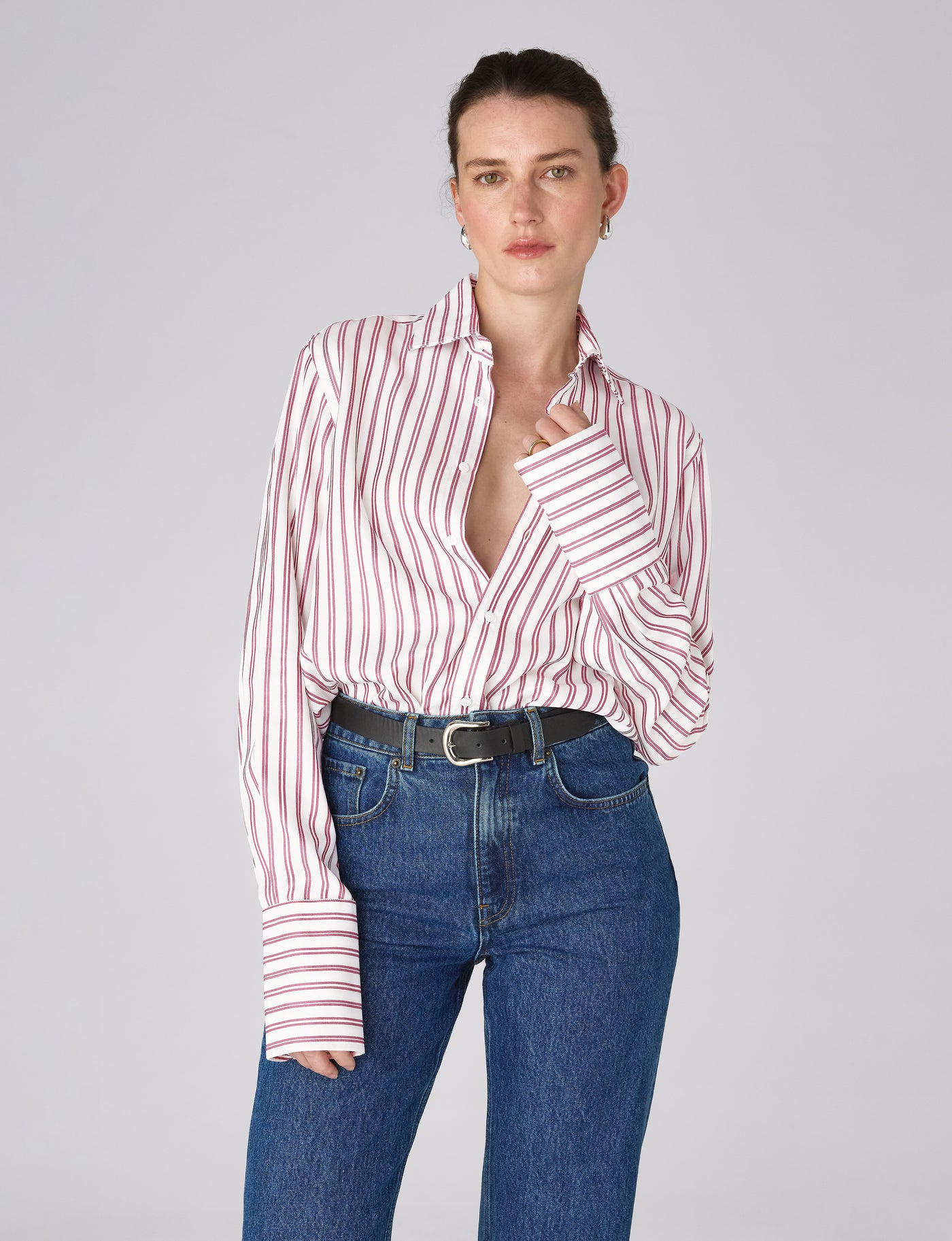 The Boyfriend Exaggerated Cuff: Tencel, Burgundy Double Stripe