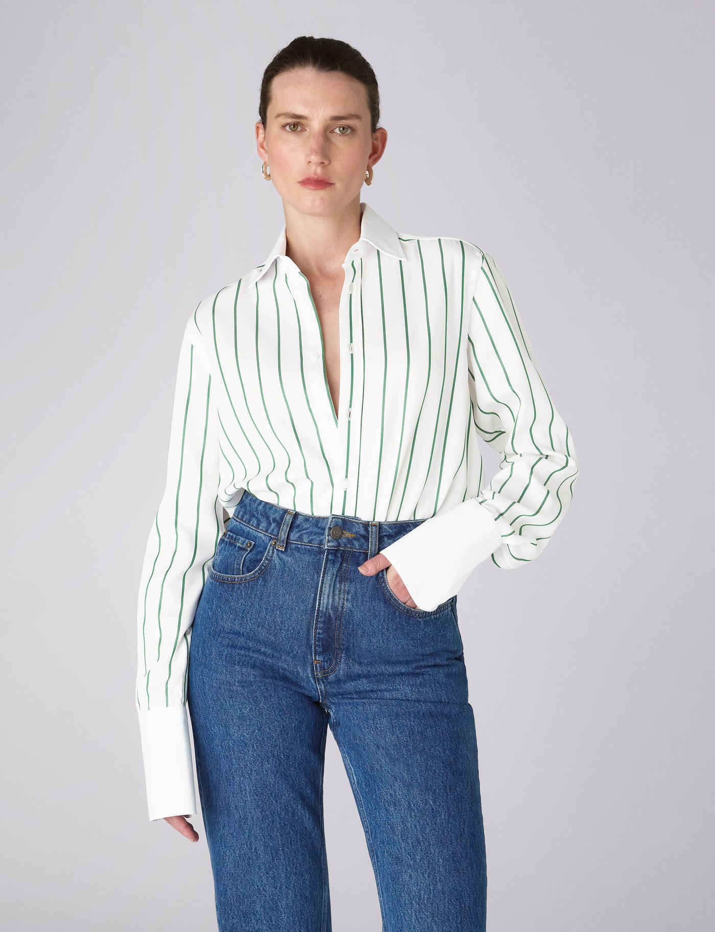 The Boyfriend Contrast Exaggerated Cuff and Collar: TENCEL™ Lyocell, Green Wide Stripe