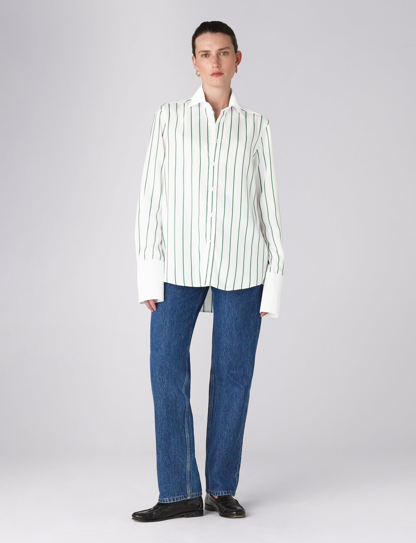 The Boyfriend Contrast Exaggerated Cuff and Collar: TENCEL™ Lyocell, Green Wide Stripe